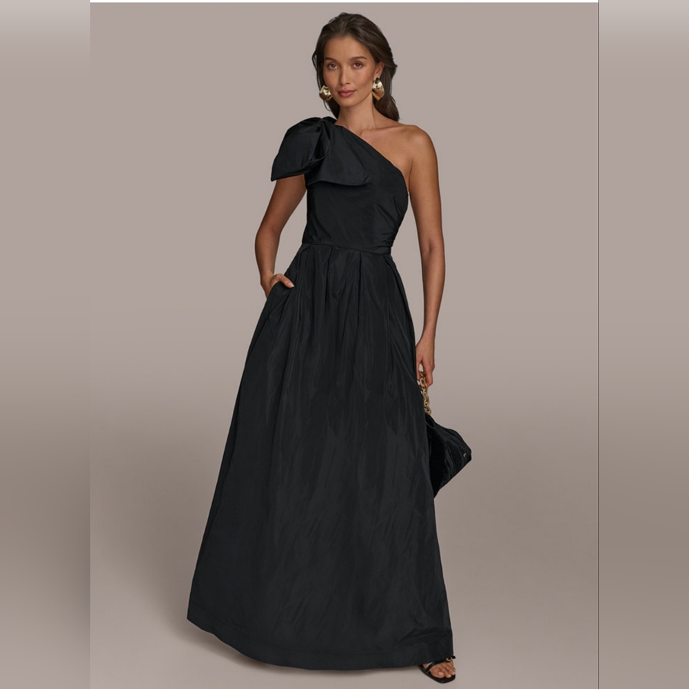 (354sc) DONNA KAREN NEW YORK One Shoulder Bow Gown, Size 2